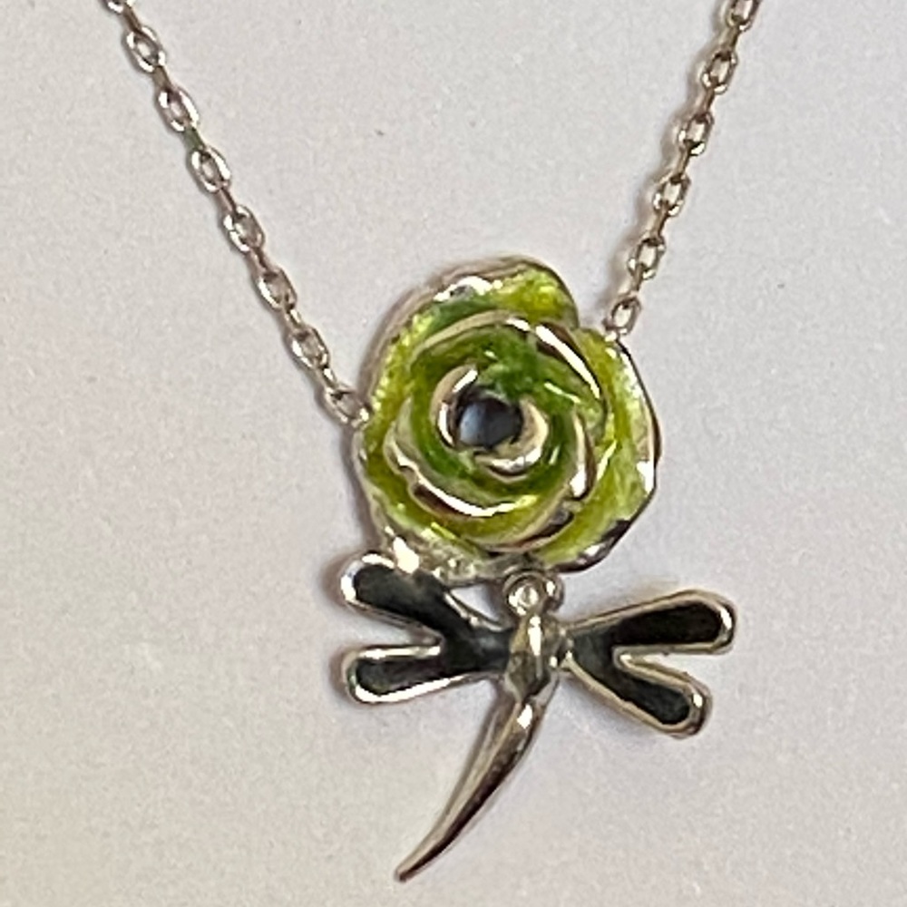 🌹Last 1❣️925 silver green rose dragonfly necklace